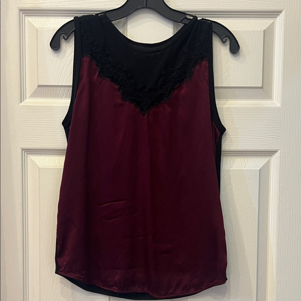 Sandro silk Elegant Black and Burgundy Lace Trim Women's Top